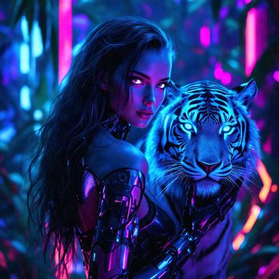 The primary subject of the image is a woman wearing a futuristic outfit, standing next to a tiger. The setting appears to be a futuristic environment, possibly a nightclub or a similar location. The visual style of the image is a combination of photo and digital art, creating a unique and captivating scene. The dominant colors in the image are purple and blue, giving the scene a futuristic and otherworldly atmosphere.